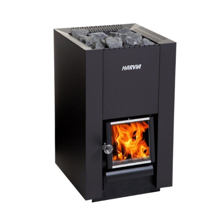 Wood Burning BARREL Sauna Heater Linear 18 Compact (WKLI18CPTM) + Black Chimney set for BARREL saunas(WHP1000500M+WHP-ASBSM) + floor plate (WL100) + 2 boxes of Stones 10-15 cm 20 kg (AC3020)