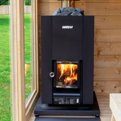 Wood Burning BARREL Sauna Heater Linear 18 Compact (WKLI18CPTM) + Black Chimney set for BARREL saunas(WHP1000500M+WHP-ASBSM) + floor plate (WL100) + 2 boxes of Stones 10-15 cm 20 kg (AC3020)