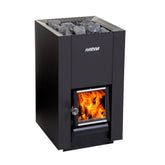 Wood Burning CUBE Sauna Heater Linear 18 Compact (WKLI18CPTM) + Black Chimney set (WHP1000500M+WHP-ASBSM) + Black Chimney Extender (WHP500M)+ floor plate (WL100) + 2 boxes of Stones 10-15 cm 20 kg (AC3020)