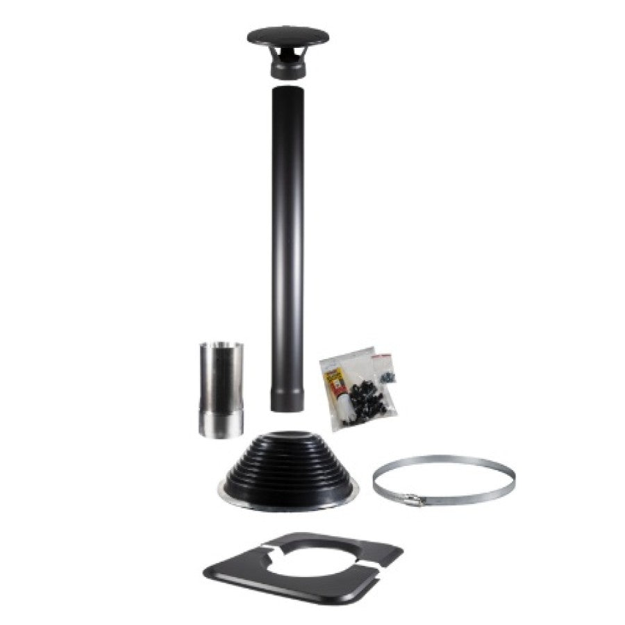 Wood Burning CUBE Sauna Heater Linear 18 Compact (WKLI18CPTM) + Black Chimney set (WHP1000500M+WHP-ASBSM) + Black Chimney extender for CUBE Saunas (WHP1000M)+ floor plate (WL100) + 2 boxes of Stones 10-15 cm 20 kg (AC3020)